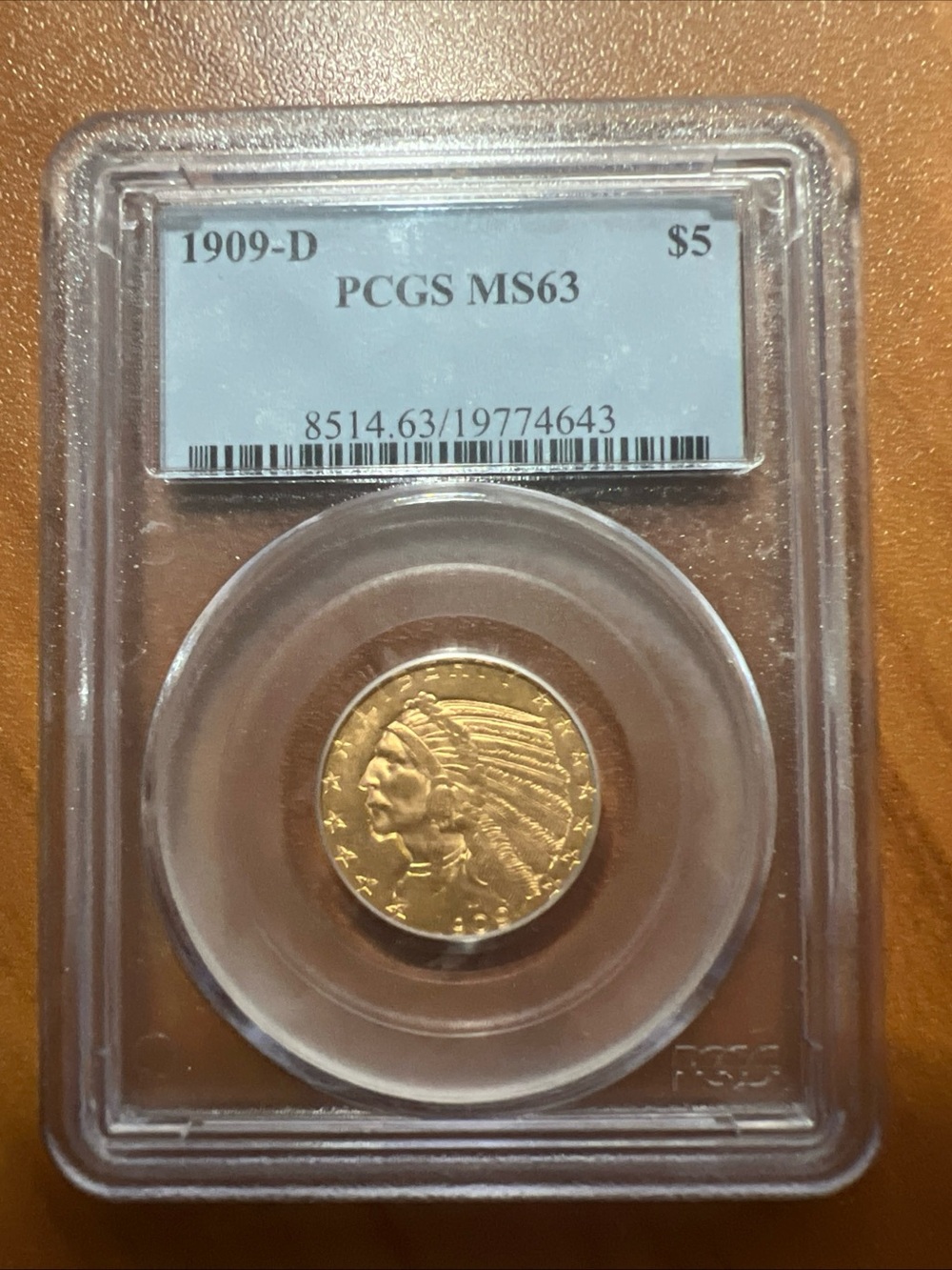 1909-D INDIAN HEAD $5 HALF EAGLE GOLD COIN PCGS MS63 CERTIFIED